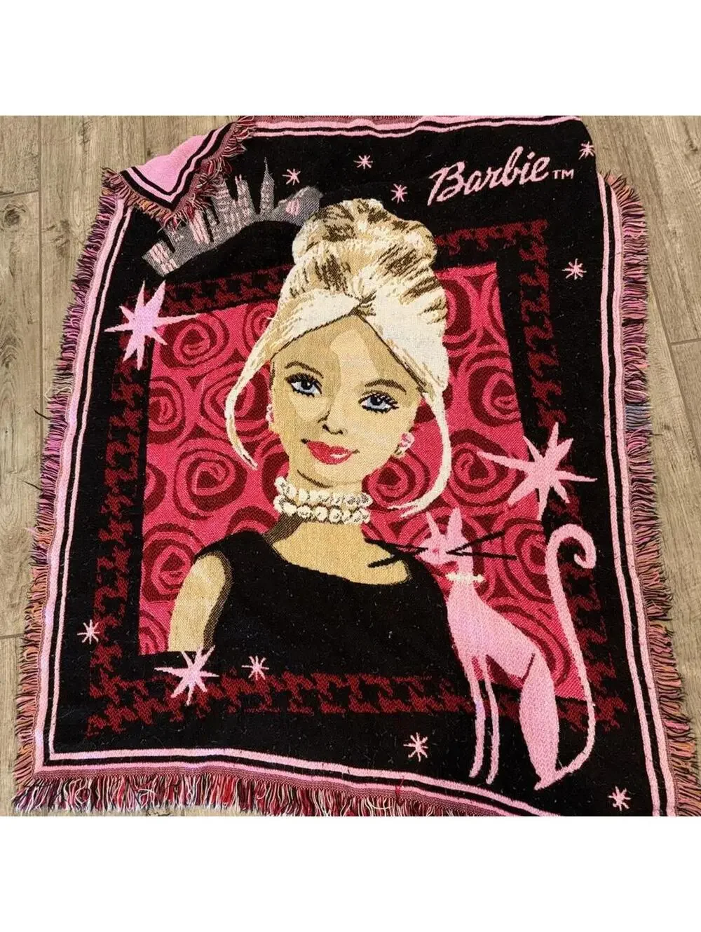 Vintage Barbie pink and black acrylic blanket with graphic of a woman with a cat